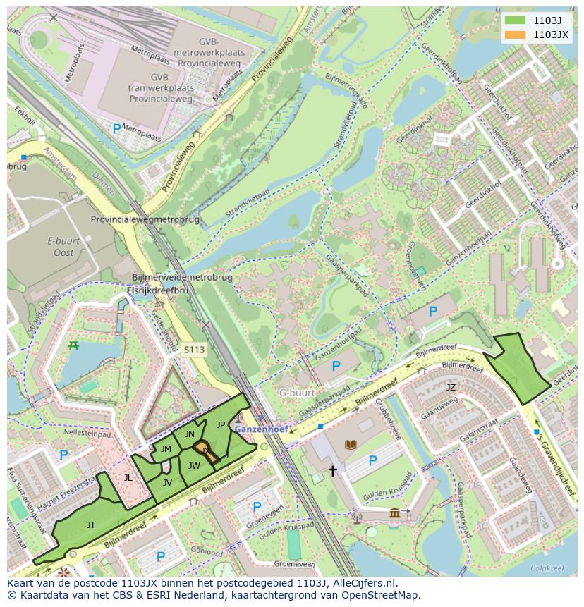 Afbeelding van het postcodegebied 1103 JX op de kaart.