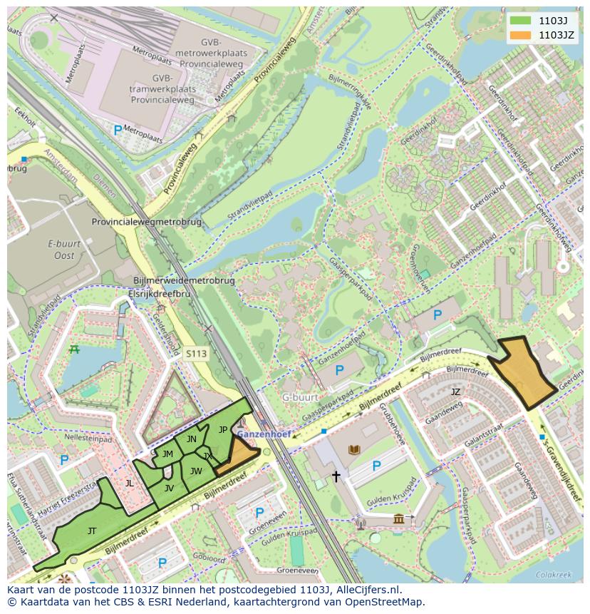 Afbeelding van het postcodegebied 1103 JZ op de kaart.