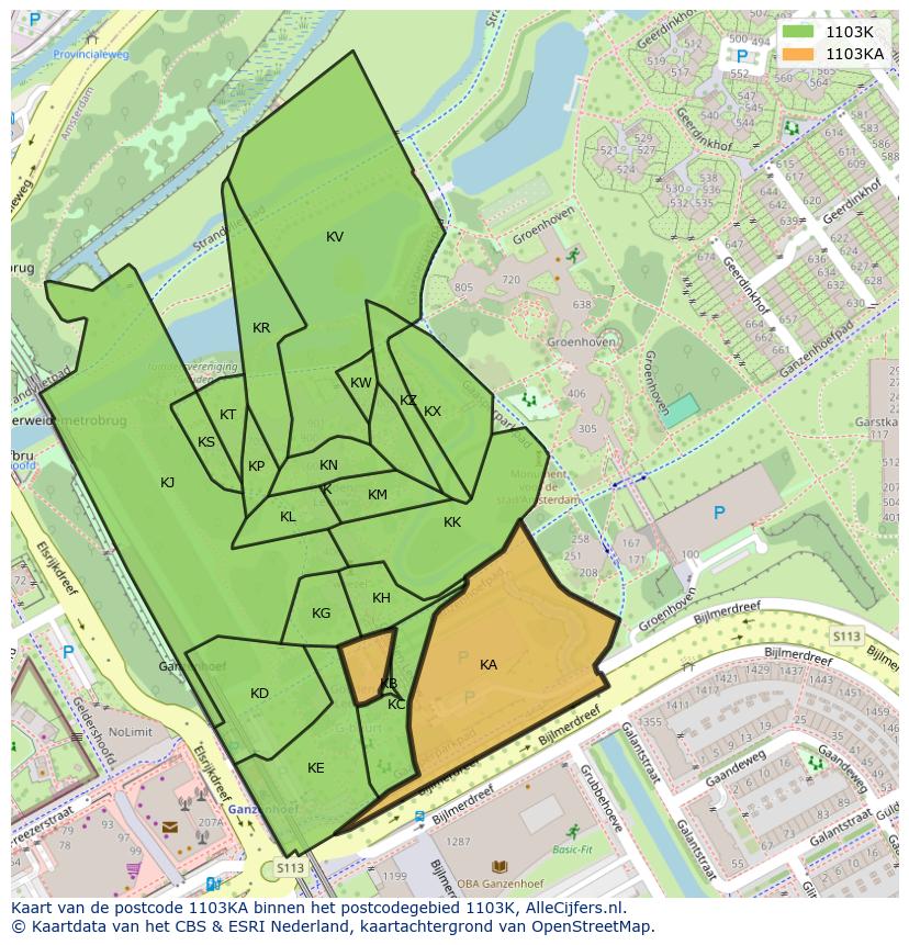 Afbeelding van het postcodegebied 1103 KA op de kaart.