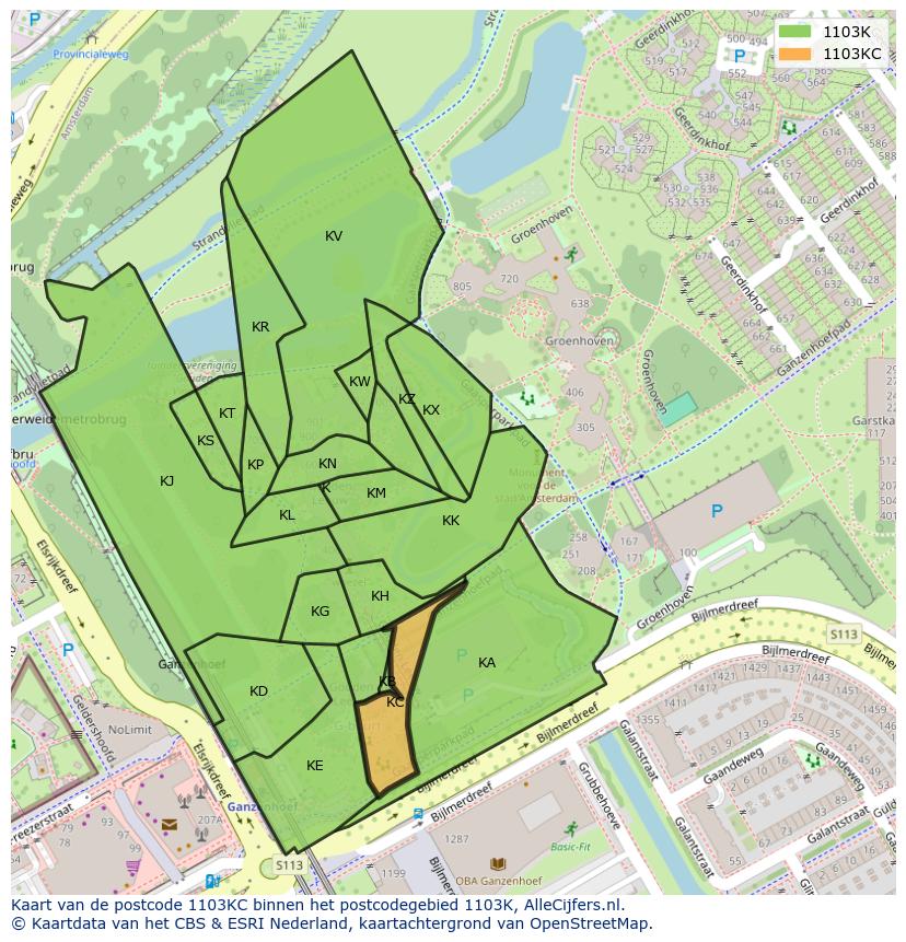Afbeelding van het postcodegebied 1103 KC op de kaart.