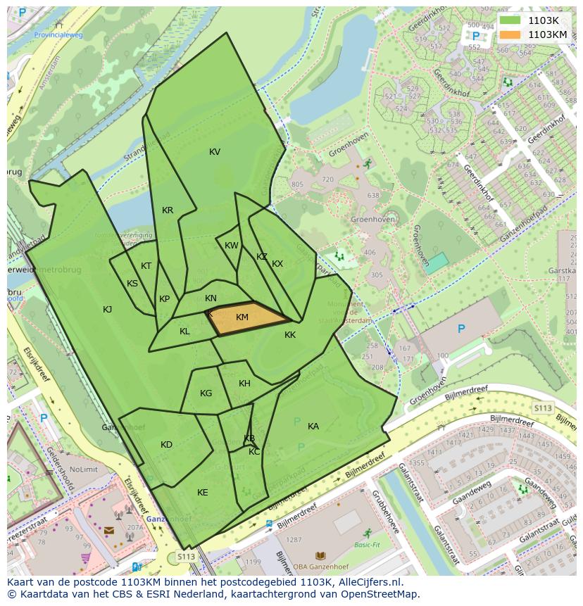 Afbeelding van het postcodegebied 1103 KM op de kaart.
