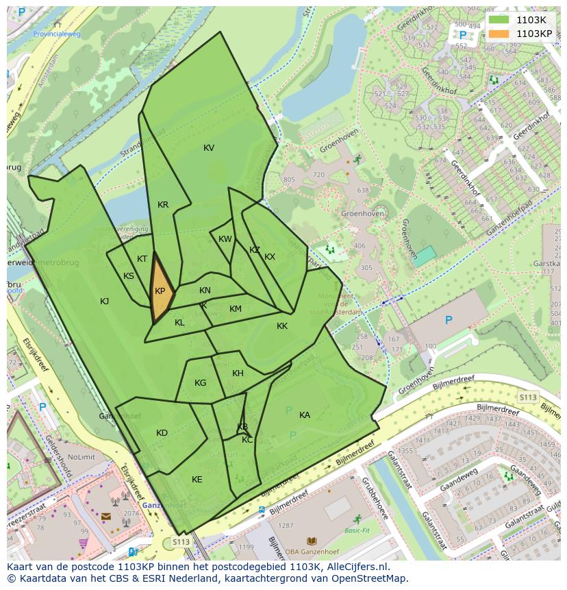 Afbeelding van het postcodegebied 1103 KP op de kaart.