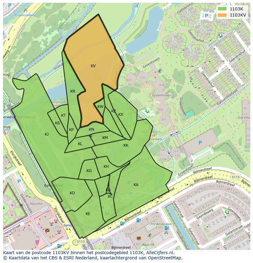 Afbeelding van het postcodegebied 1103 KV op de kaart.