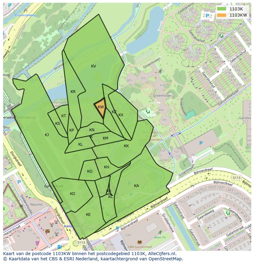 Afbeelding van het postcodegebied 1103 KW op de kaart.