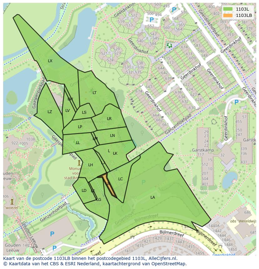 Afbeelding van het postcodegebied 1103 LB op de kaart.