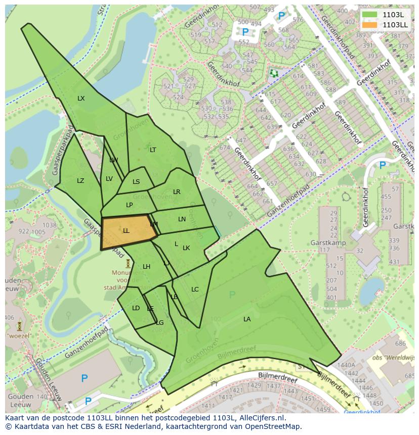 Afbeelding van het postcodegebied 1103 LL op de kaart.