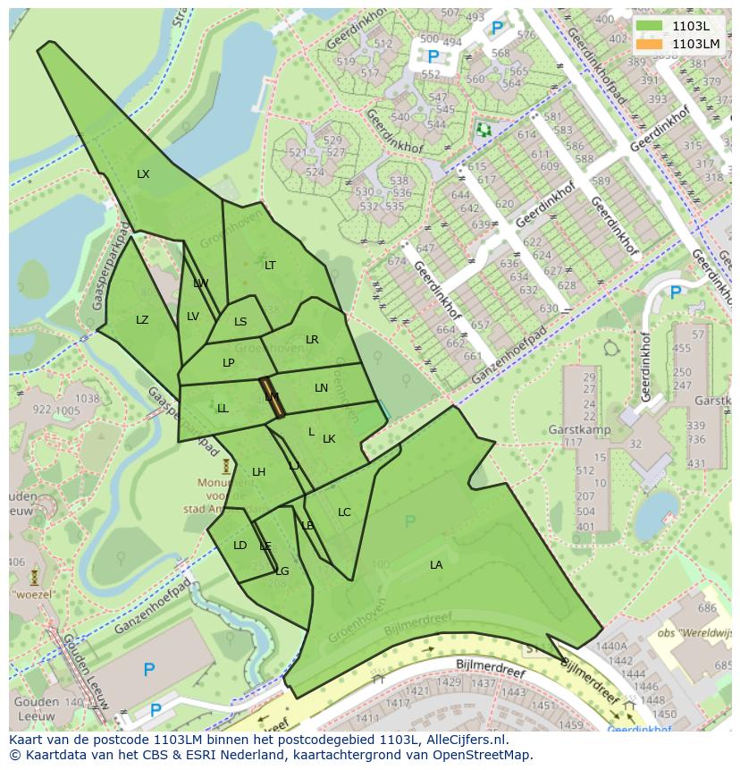 Afbeelding van het postcodegebied 1103 LM op de kaart.