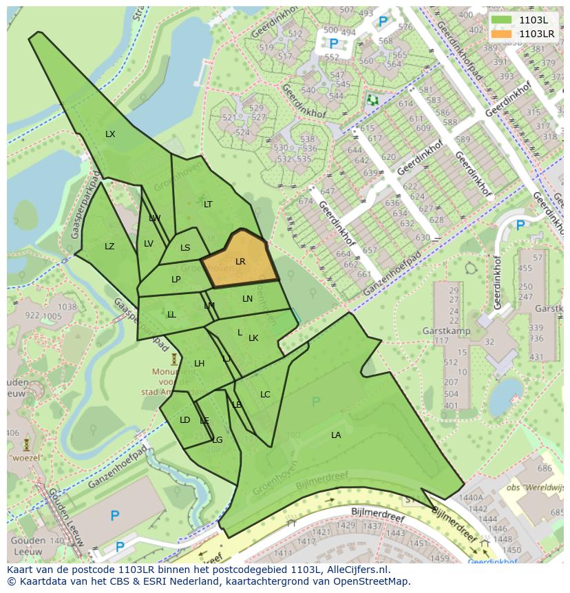 Afbeelding van het postcodegebied 1103 LR op de kaart.