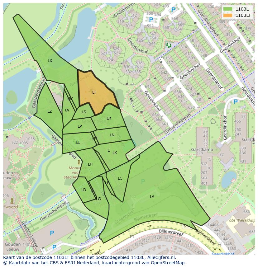 Afbeelding van het postcodegebied 1103 LT op de kaart.