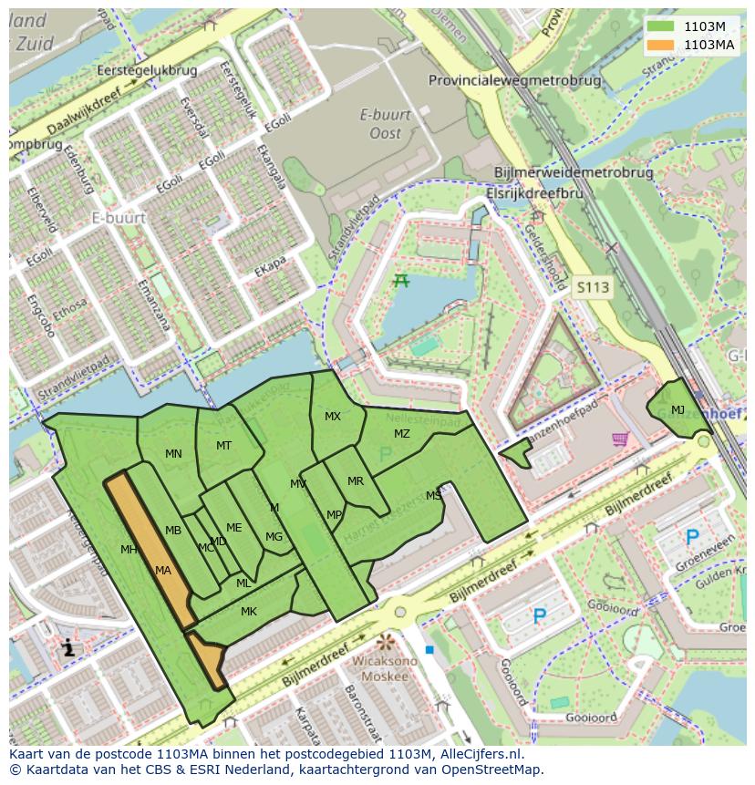 Afbeelding van het postcodegebied 1103 MA op de kaart.
