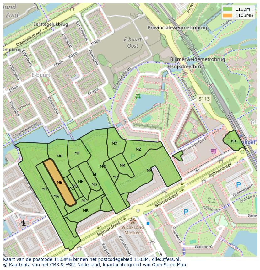 Afbeelding van het postcodegebied 1103 MB op de kaart.