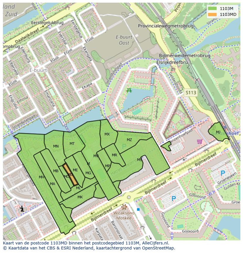 Afbeelding van het postcodegebied 1103 MD op de kaart.