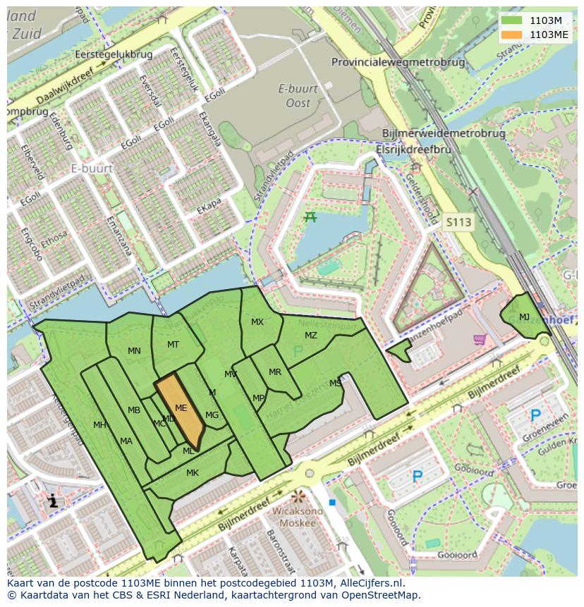 Afbeelding van het postcodegebied 1103 ME op de kaart.