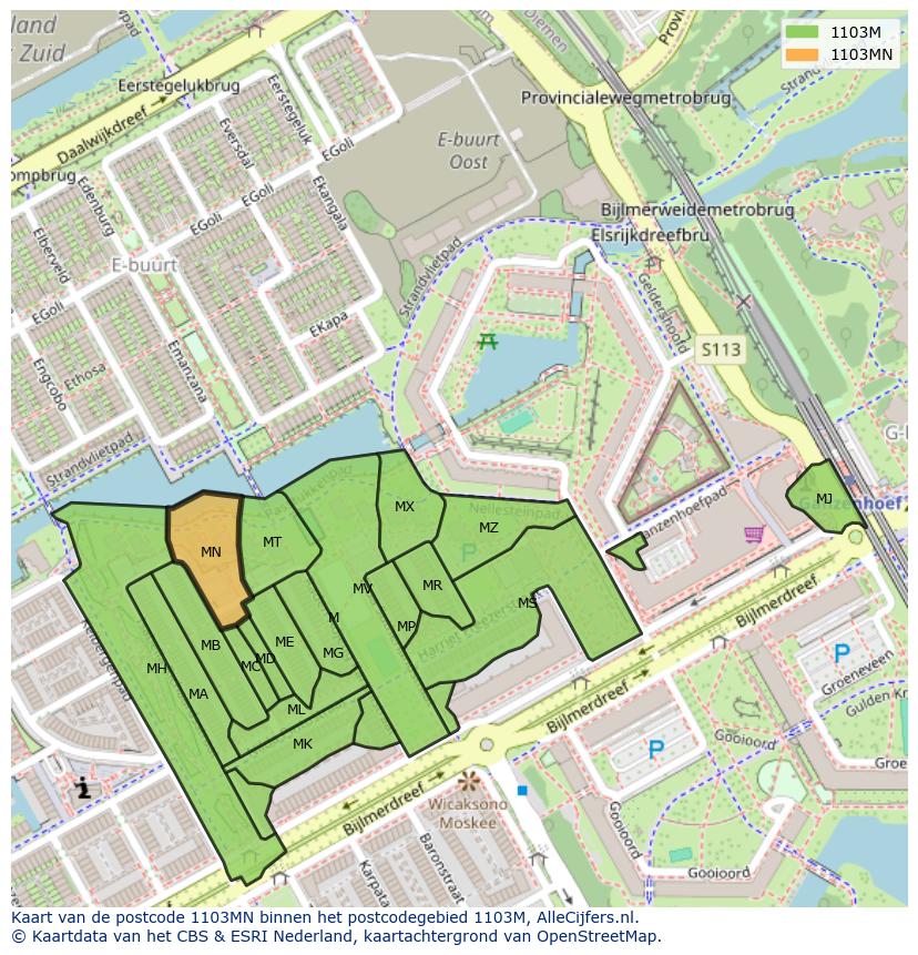 Afbeelding van het postcodegebied 1103 MN op de kaart.