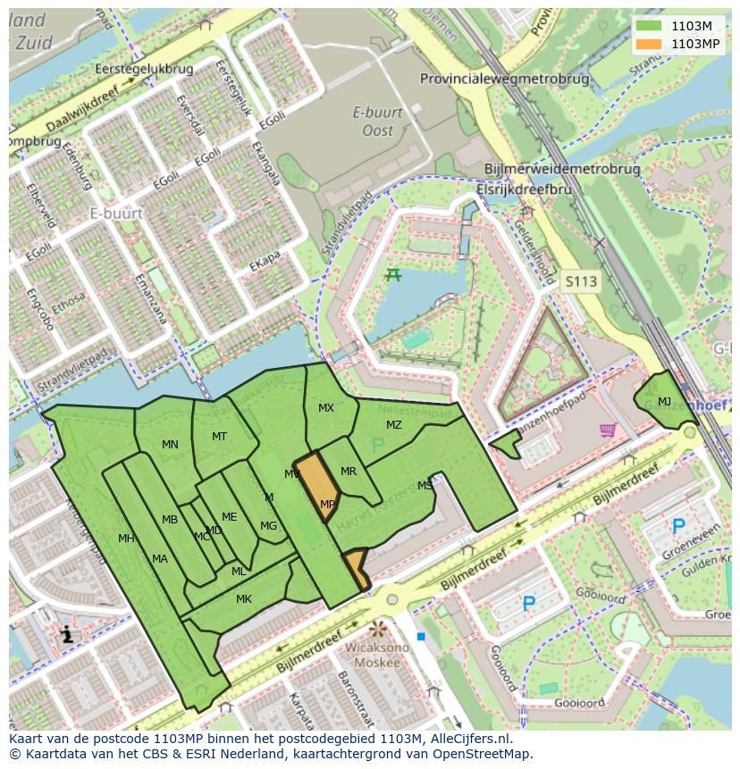 Afbeelding van het postcodegebied 1103 MP op de kaart.