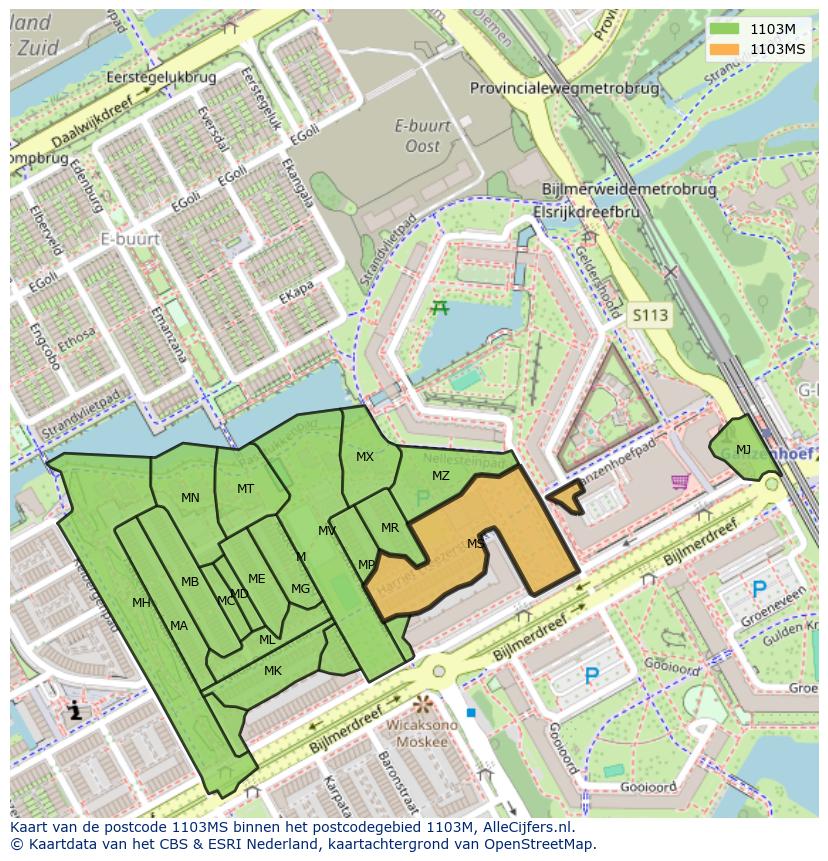 Afbeelding van het postcodegebied 1103 MS op de kaart.