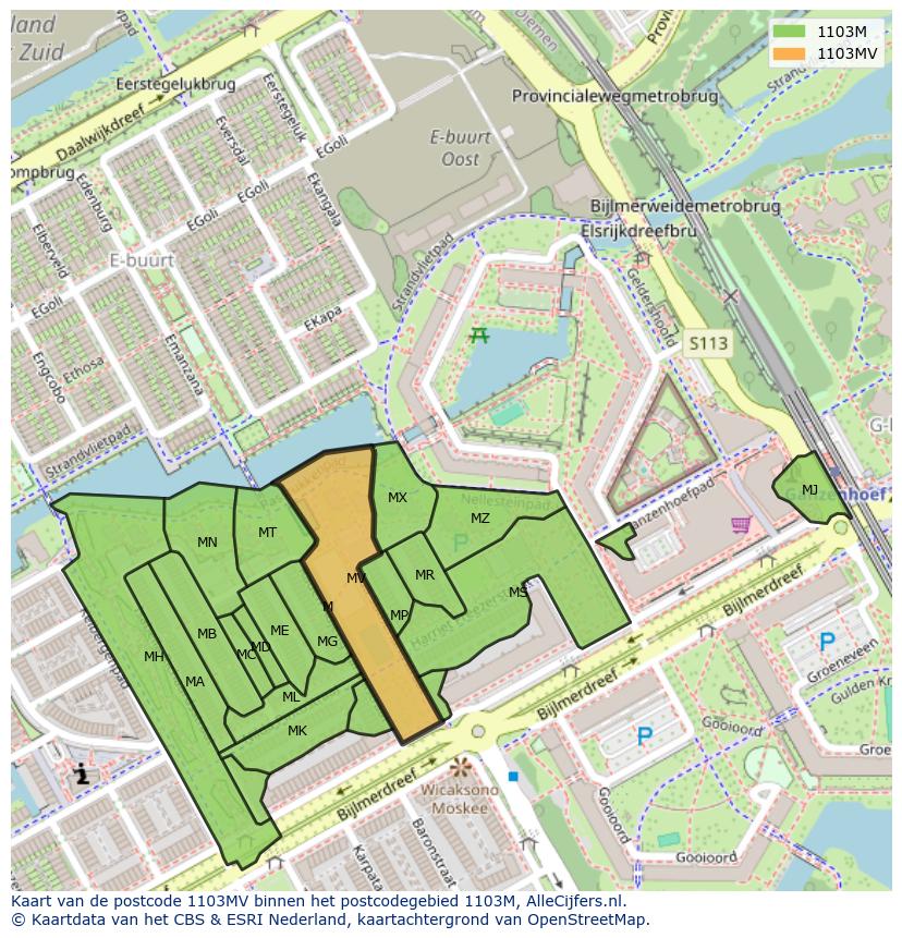 Afbeelding van het postcodegebied 1103 MV op de kaart.