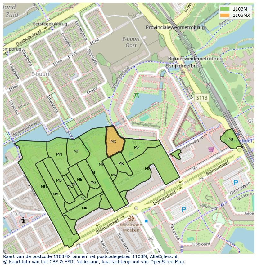 Afbeelding van het postcodegebied 1103 MX op de kaart.