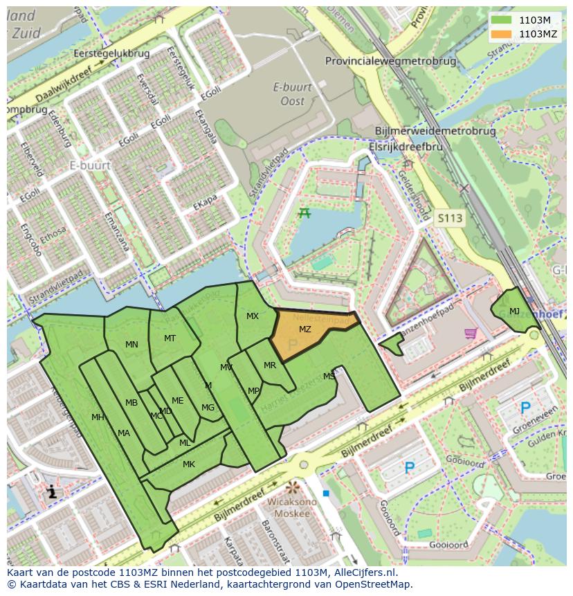 Afbeelding van het postcodegebied 1103 MZ op de kaart.