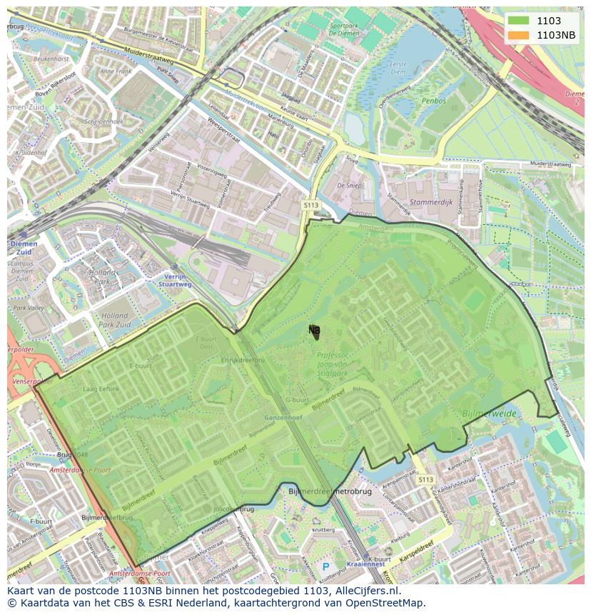 Afbeelding van het postcodegebied 1103 NB op de kaart.