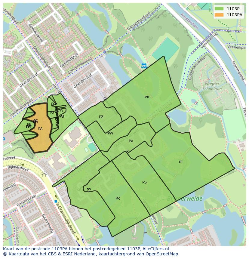 Afbeelding van het postcodegebied 1103 PA op de kaart.