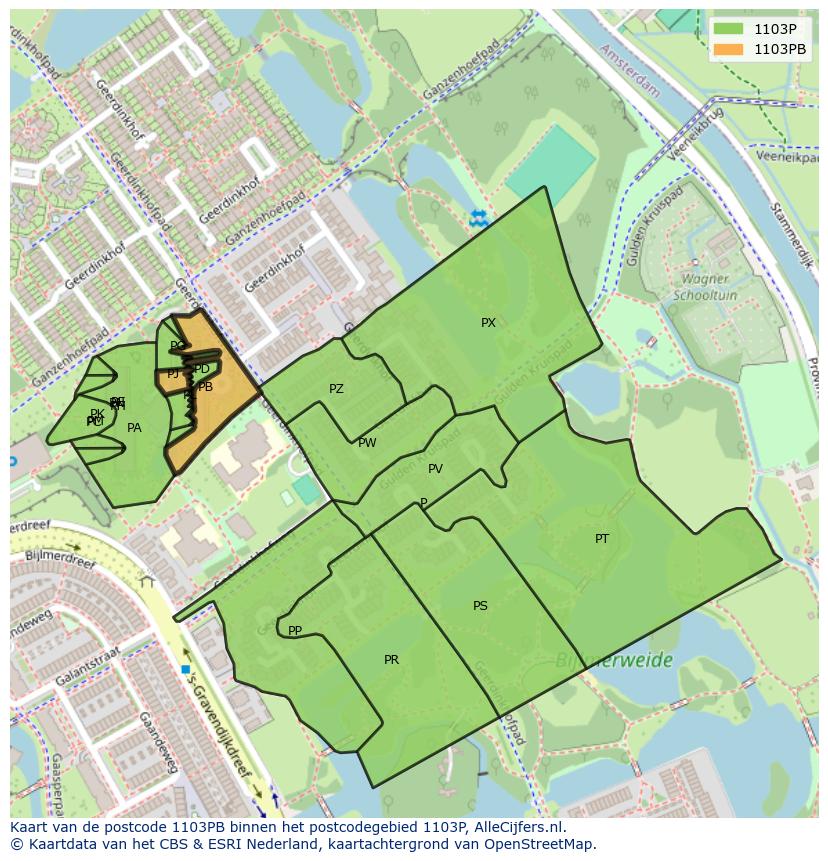 Afbeelding van het postcodegebied 1103 PB op de kaart.