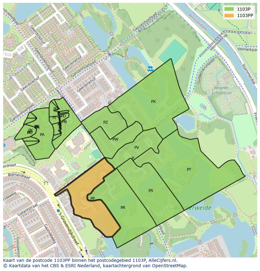 Afbeelding van het postcodegebied 1103 PP op de kaart.