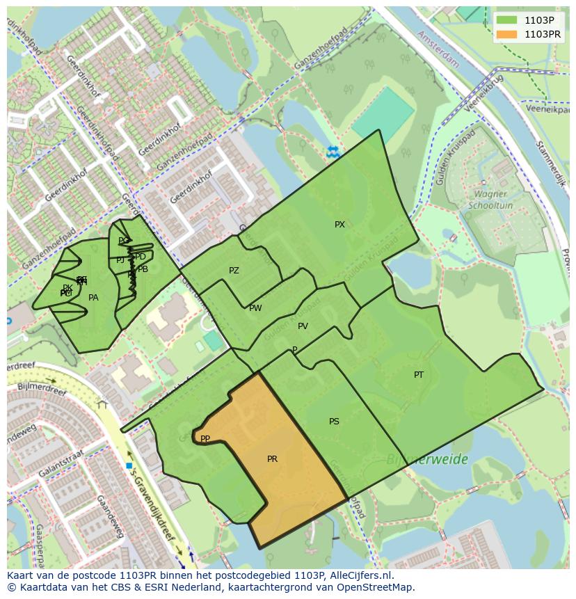Afbeelding van het postcodegebied 1103 PR op de kaart.