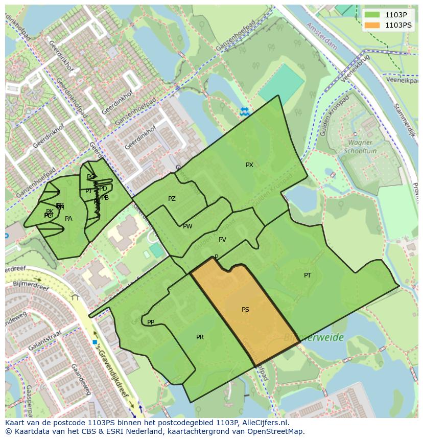 Afbeelding van het postcodegebied 1103 PS op de kaart.