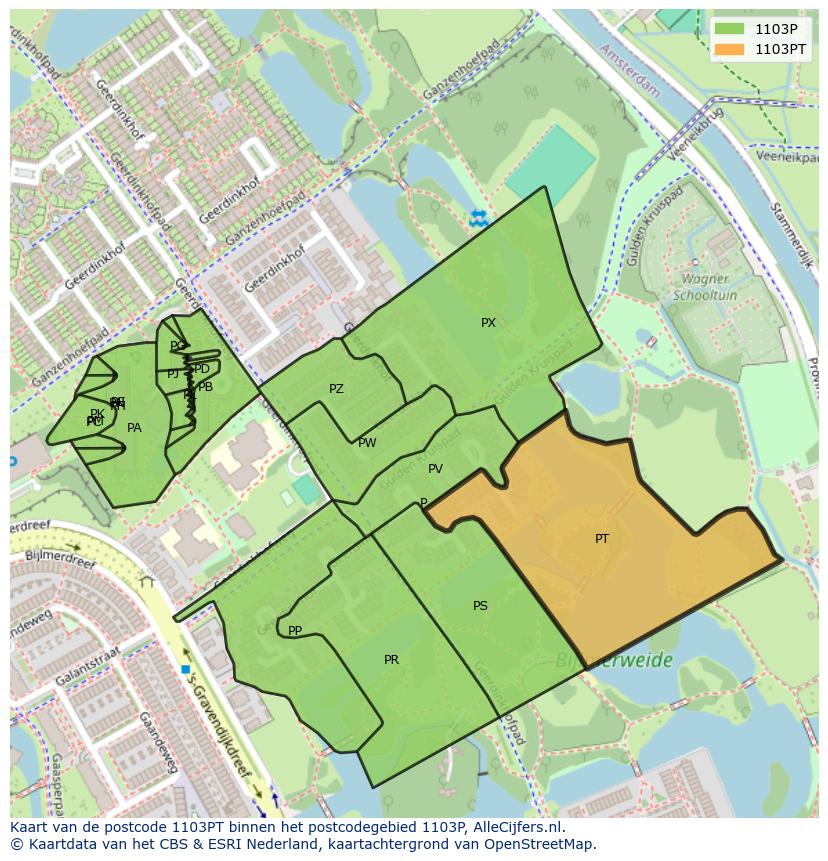 Afbeelding van het postcodegebied 1103 PT op de kaart.