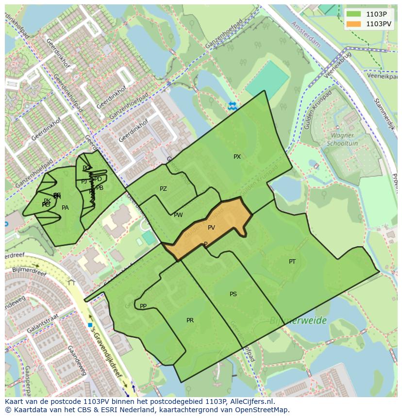 Afbeelding van het postcodegebied 1103 PV op de kaart.