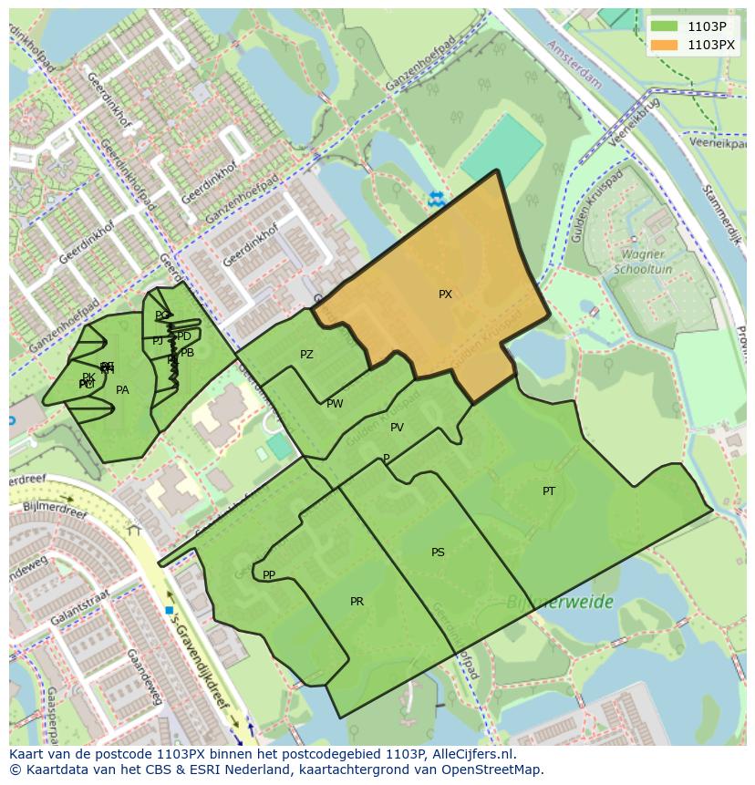 Afbeelding van het postcodegebied 1103 PX op de kaart.