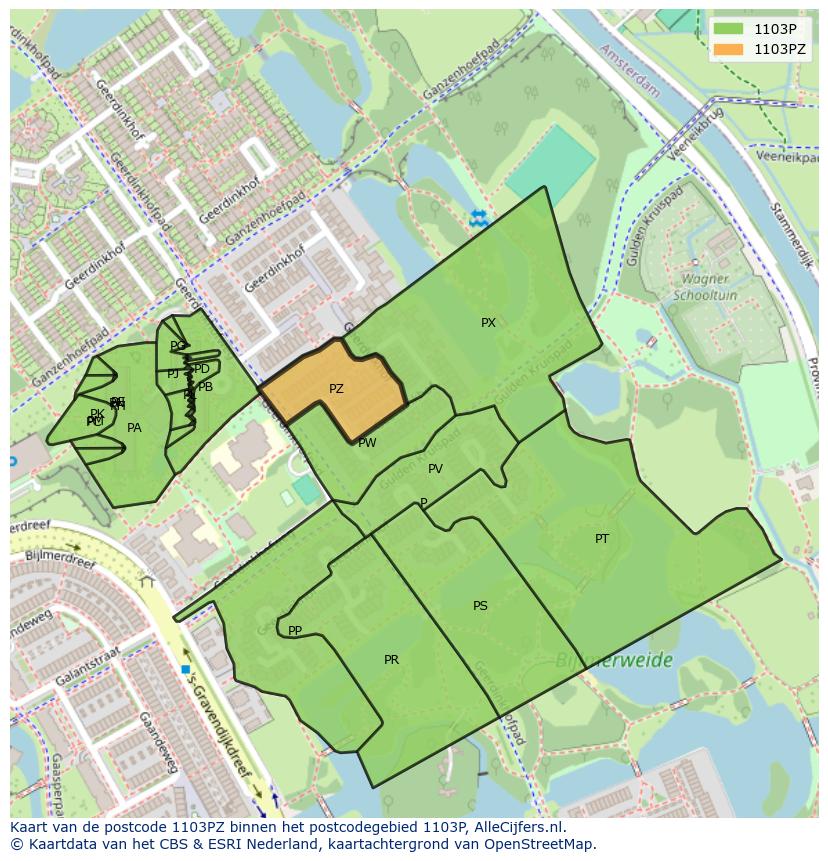 Afbeelding van het postcodegebied 1103 PZ op de kaart.