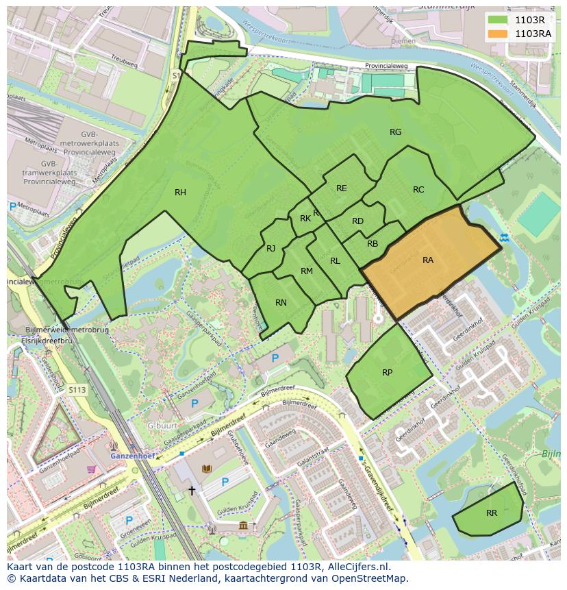 Afbeelding van het postcodegebied 1103 RA op de kaart.