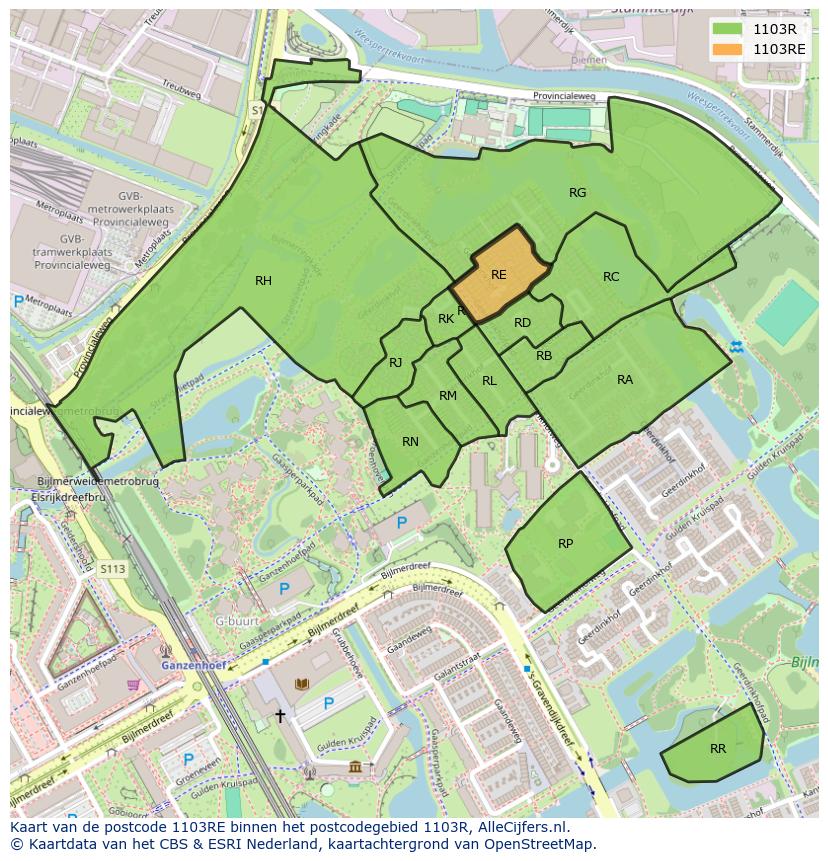 Afbeelding van het postcodegebied 1103 RE op de kaart.