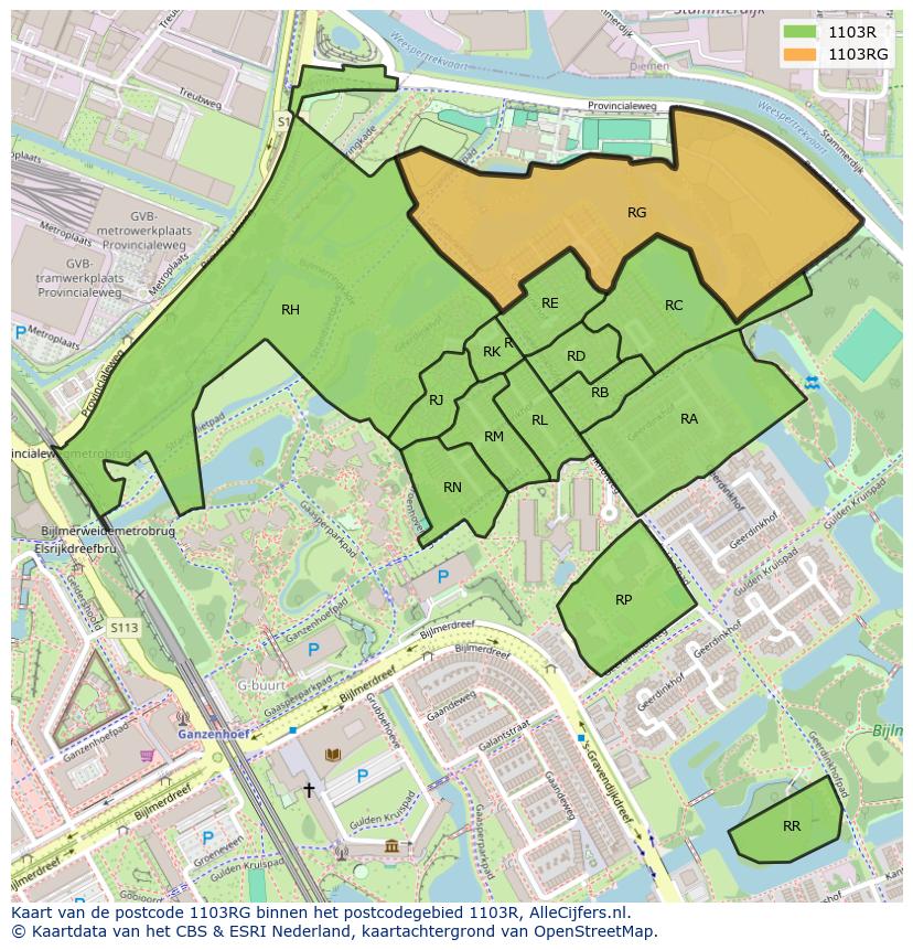 Afbeelding van het postcodegebied 1103 RG op de kaart.