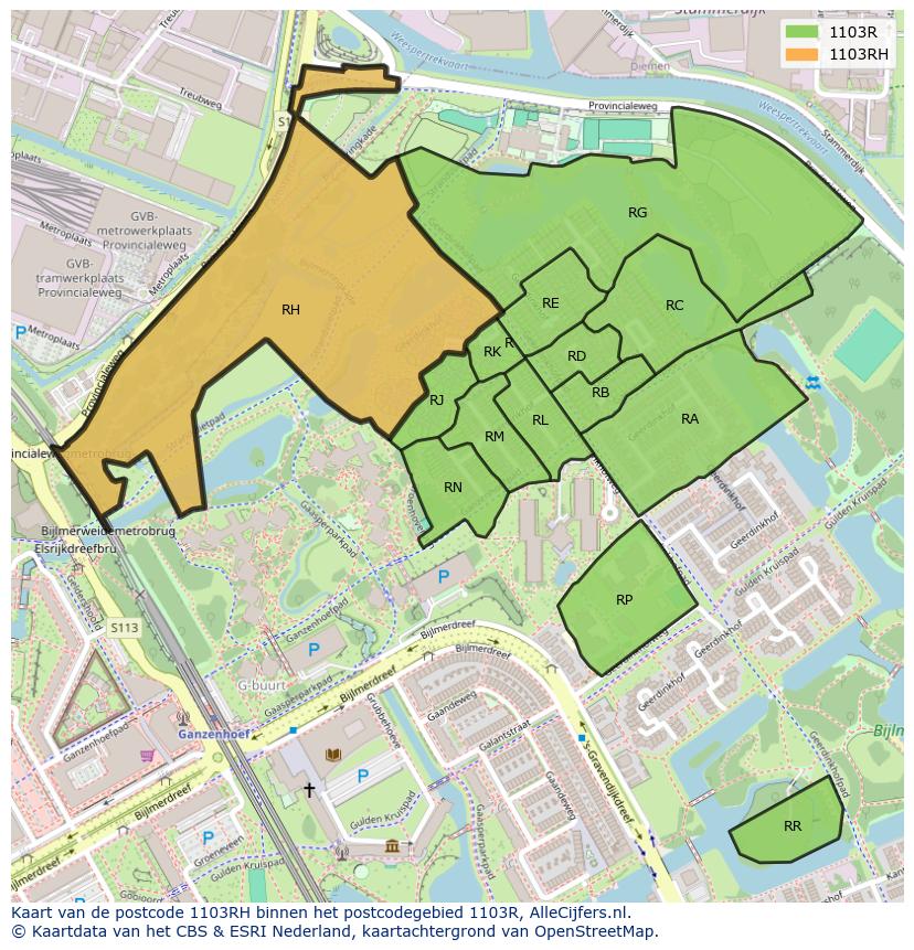 Afbeelding van het postcodegebied 1103 RH op de kaart.