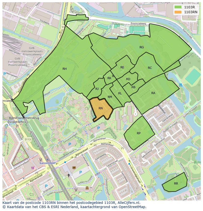 Afbeelding van het postcodegebied 1103 RN op de kaart.