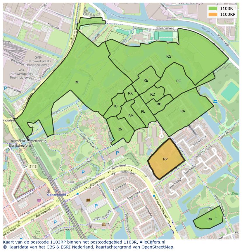 Afbeelding van het postcodegebied 1103 RP op de kaart.