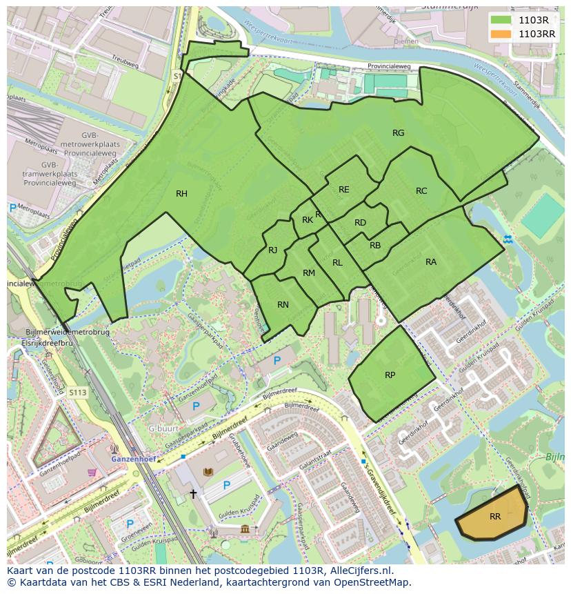 Afbeelding van het postcodegebied 1103 RR op de kaart.