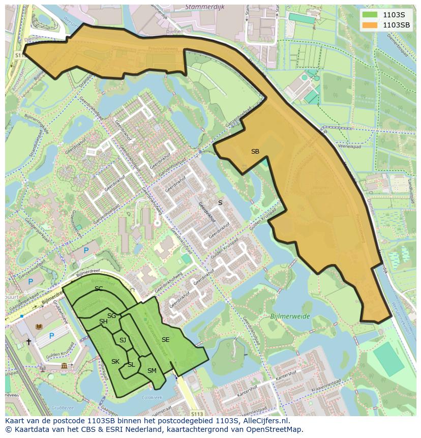 Afbeelding van het postcodegebied 1103 SB op de kaart.