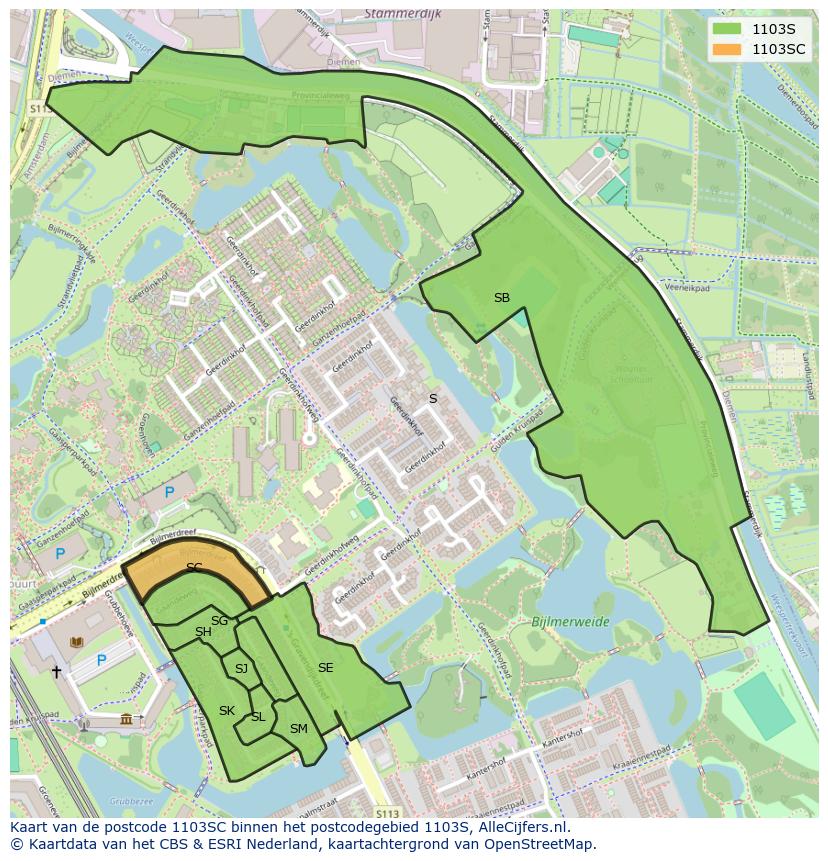 Afbeelding van het postcodegebied 1103 SC op de kaart.