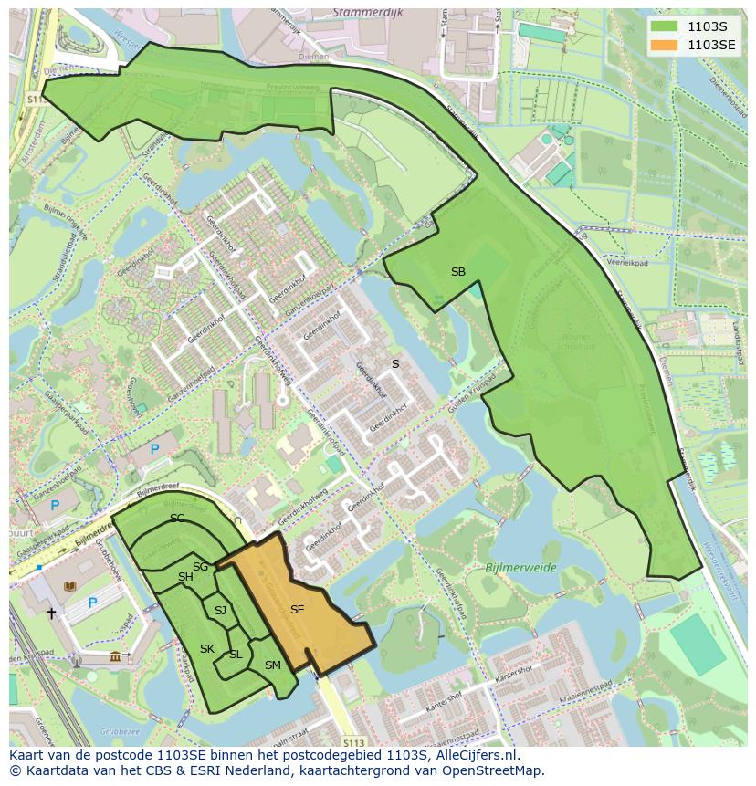 Afbeelding van het postcodegebied 1103 SE op de kaart.