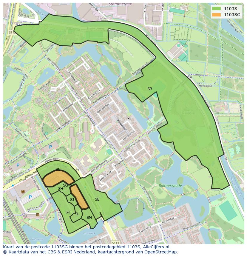 Afbeelding van het postcodegebied 1103 SG op de kaart.