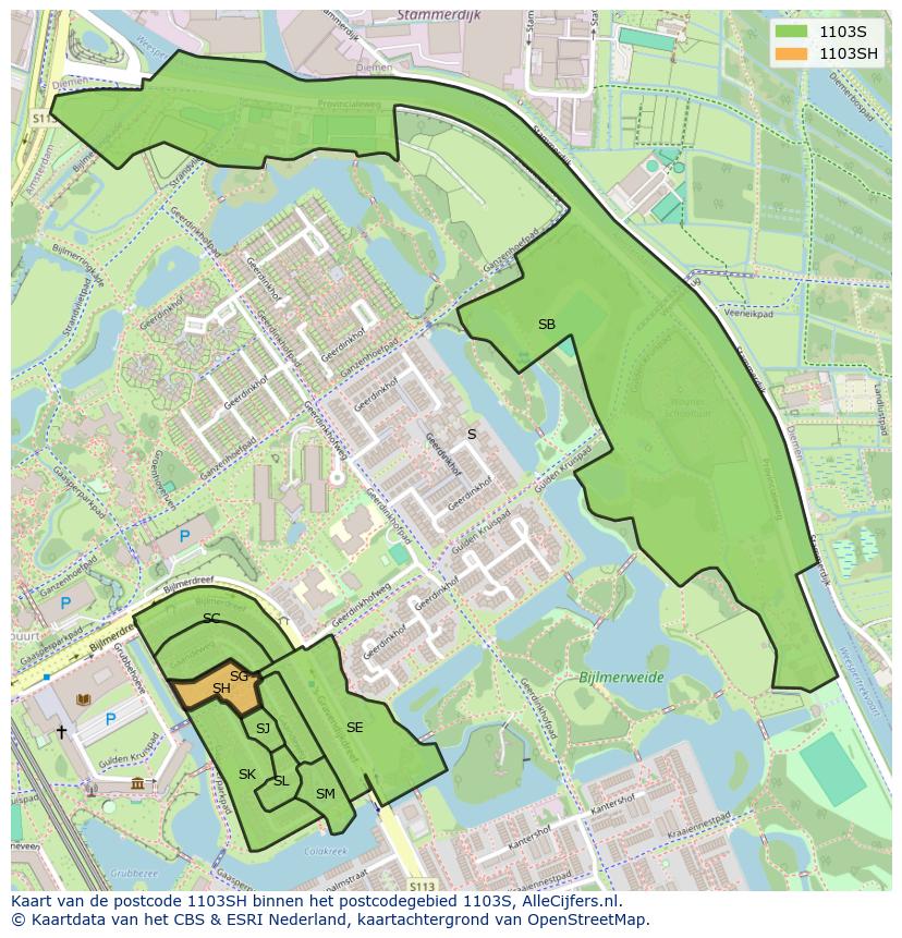 Afbeelding van het postcodegebied 1103 SH op de kaart.