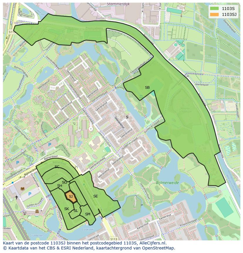 Afbeelding van het postcodegebied 1103 SJ op de kaart.