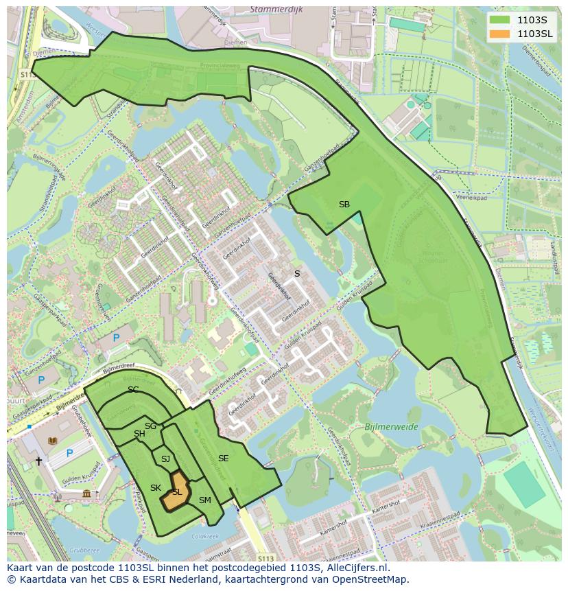 Afbeelding van het postcodegebied 1103 SL op de kaart.