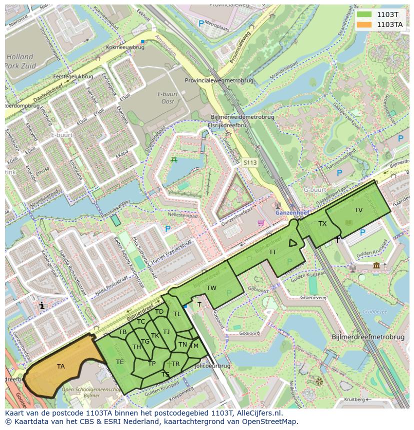 Afbeelding van het postcodegebied 1103 TA op de kaart.