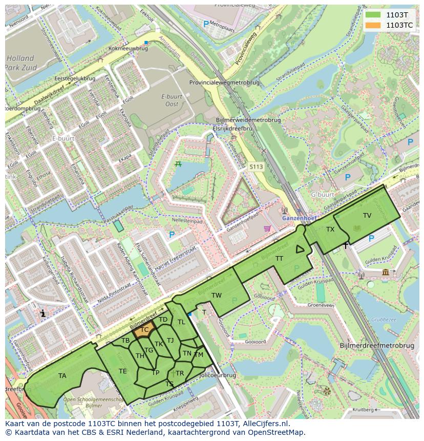Afbeelding van het postcodegebied 1103 TC op de kaart.