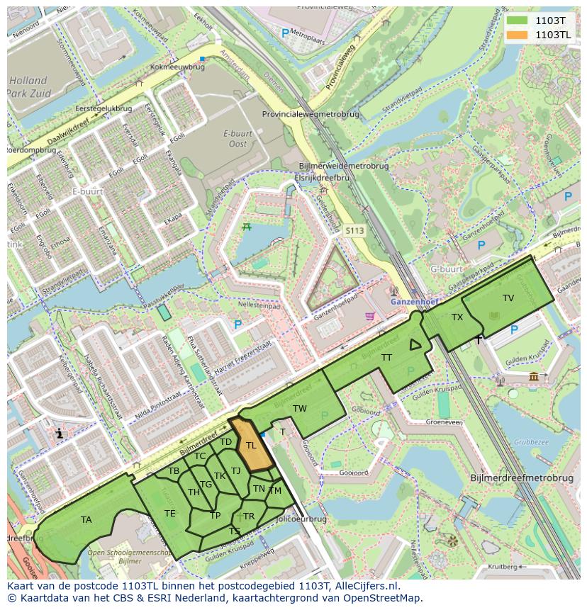 Afbeelding van het postcodegebied 1103 TL op de kaart.